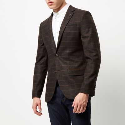 Brown check wool-blend slim blazer
